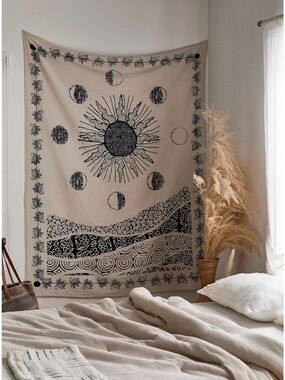 Urban Outfitters Beige and Black Celestial Sun & Moon Tapestry
